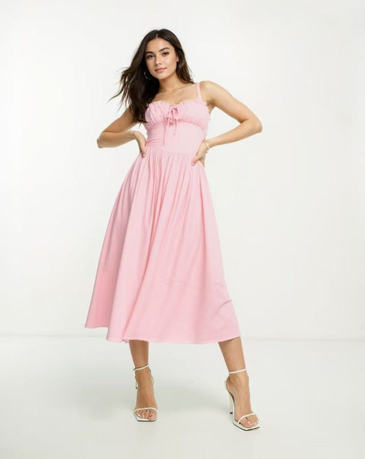 Sweet Square-Neck Strappy Fitted-Waist Dress